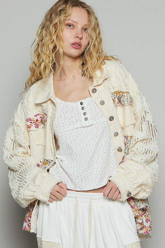 POL Floral Crochet Lace Frayed Edge Button Up Shacket - Brittney MADE