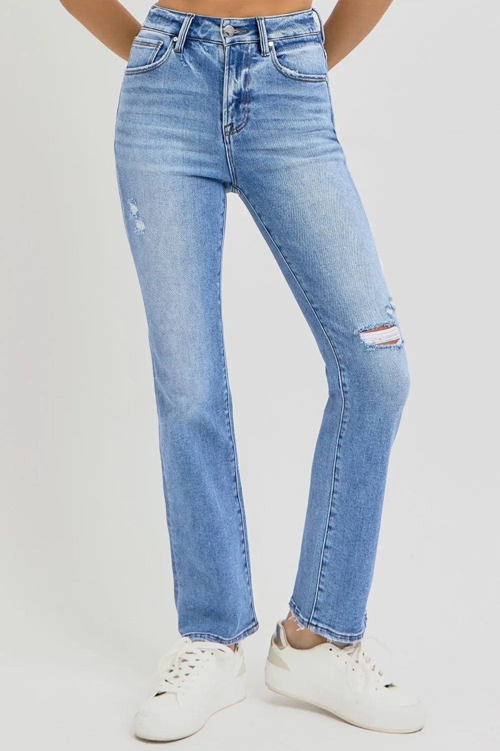RISEN Full Size Distressed High-Rise Ankle Straight Jeans - Brittney MADE