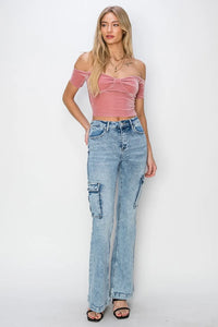RISEN Full Size High Rise Cargo Flare Jeans - Brittney MADE