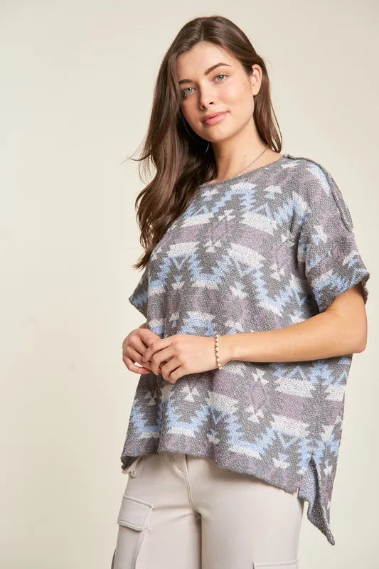Davi & Dani High-Low Geometric Round Neck Knit Top - Brittney MADE