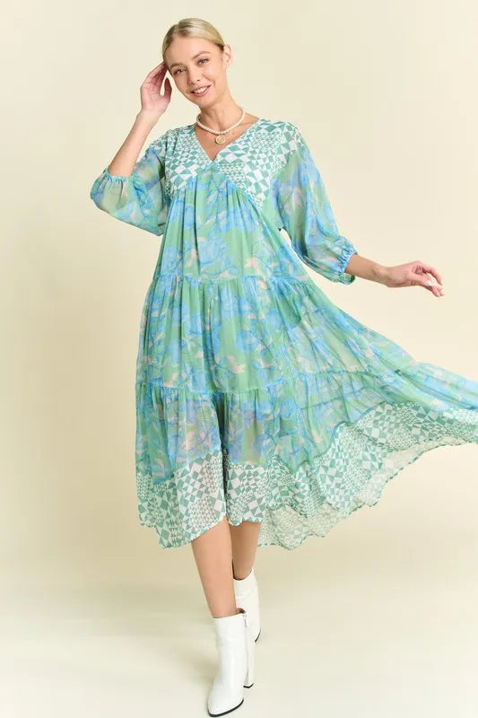 Davi & Dani Geo and Floral Print Mixed Tiered Dress - Brittney MADE