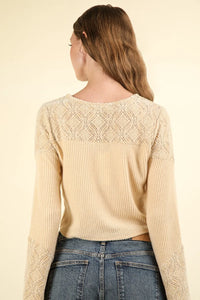 VERY J V-Neck Lace Detail Button Down Crop Ribbed Knit Top - Brittney MADE