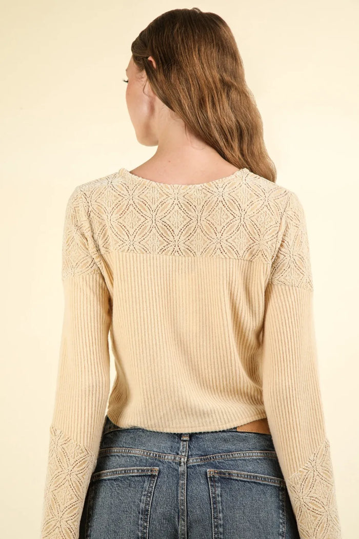 VERY J V-Neck Lace Detail Button Down Crop Ribbed Knit Top - Brittney MADE