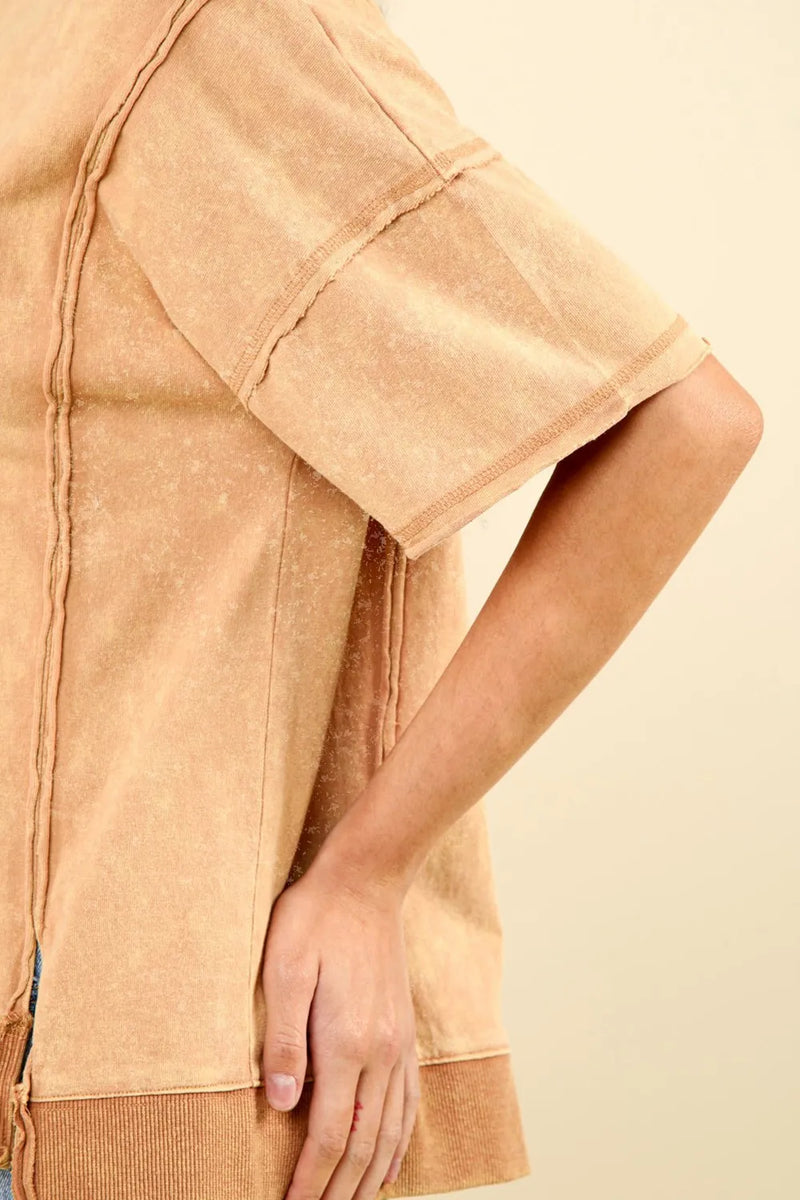 VERY J Round Neck Exposed Seam Slit T-Shirt - Brittney MADE