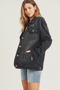 RISEN Full Size Distressed Long Sleeve Denim Jacket - Brittney MADE