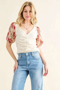 And The Why Full Size Floral Print Textured Sleeve Knit Top - Brittney MADE