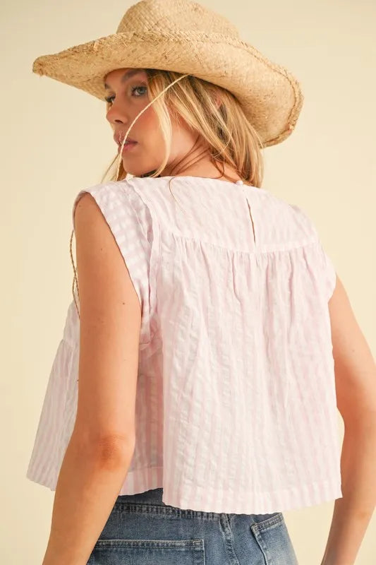Aemi+Co Ruched Striped Round Neck Sleeveless Top - Brittney MADE