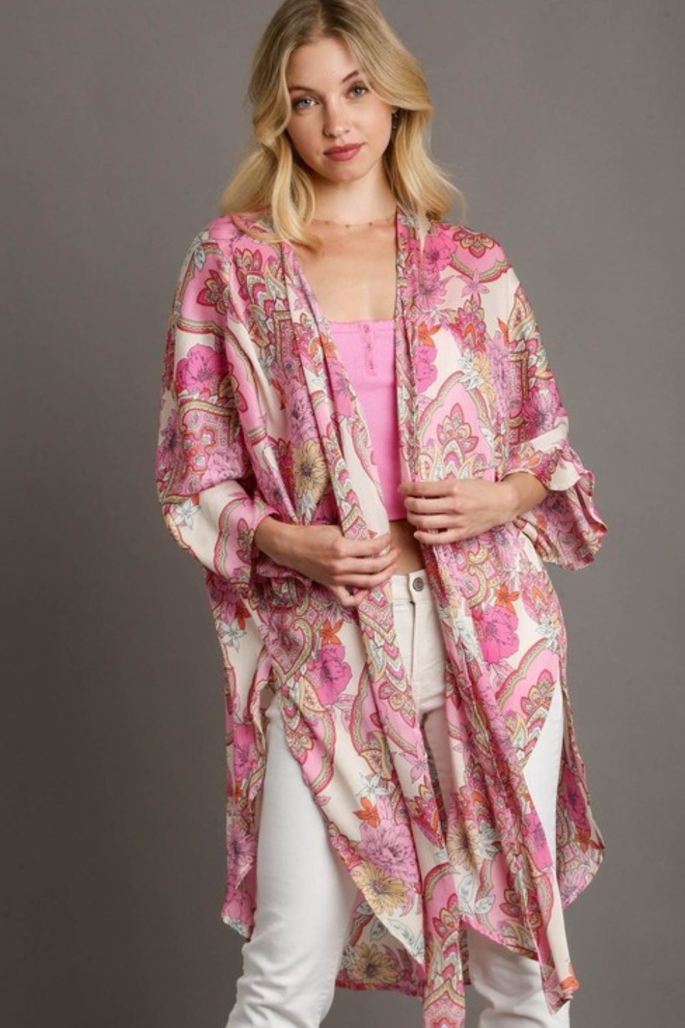 Umgee Full Size Mixed Print Open Front Kimono with Ruffle Sleeves Plus Size - Brittney MADE