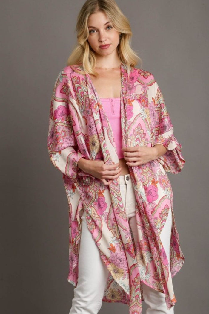 Umgee Full Size Mixed Print Open Front Kimono with Ruffle Sleeves Plus Size - Brittney MADE