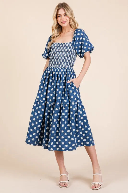 GeeGee Floral Embroidered Smocked Puff Sleeve Tiered Midi Dress - Brittney MADE