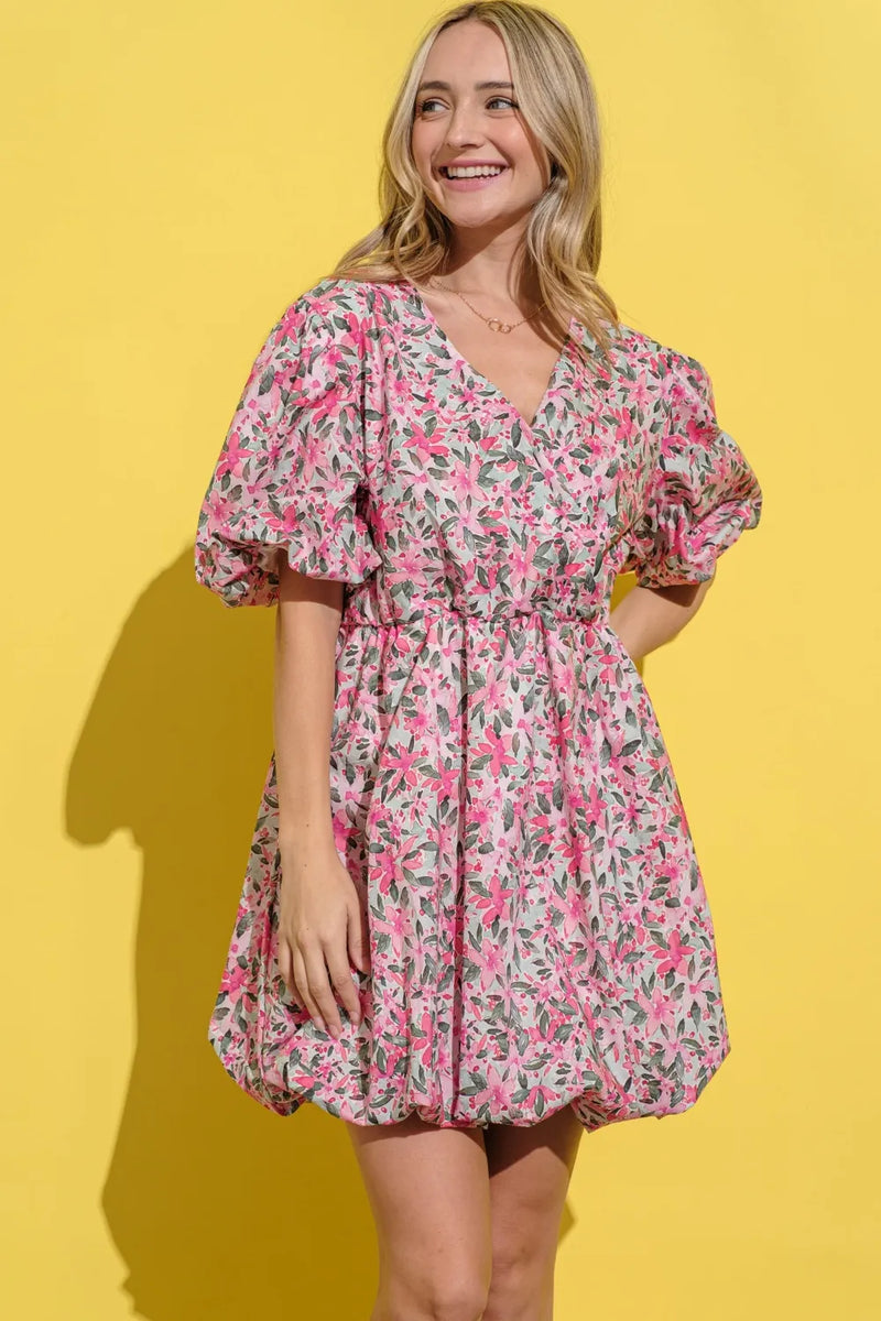 And The Why Full Size Floral Surplice Puff Sleeve Dress - Brittney MADE
