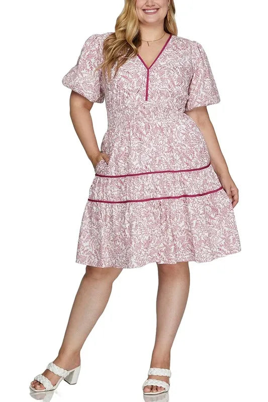 She + Sky Full Size Printed V-Neck Puff Sleeve Tiered Dress Plus Size - Brittney MADE