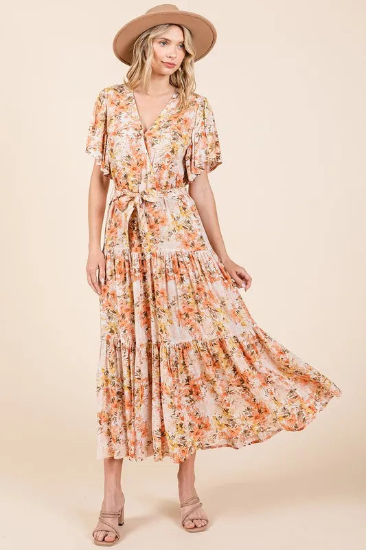 Mittoshop Floral Tie Waist Flutter Sleeve Tiered Dress - Brittney MADE