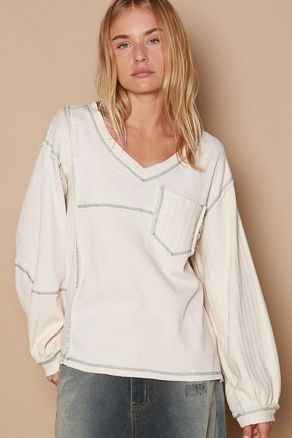 POL V-Neck knit Panel Exposed Seam Top - Brittney MADE