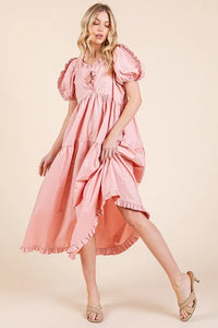 GeeGee Ruffle Trim Puff Sleeve Tiered Babydoll Midi Dress - Brittney MADE
