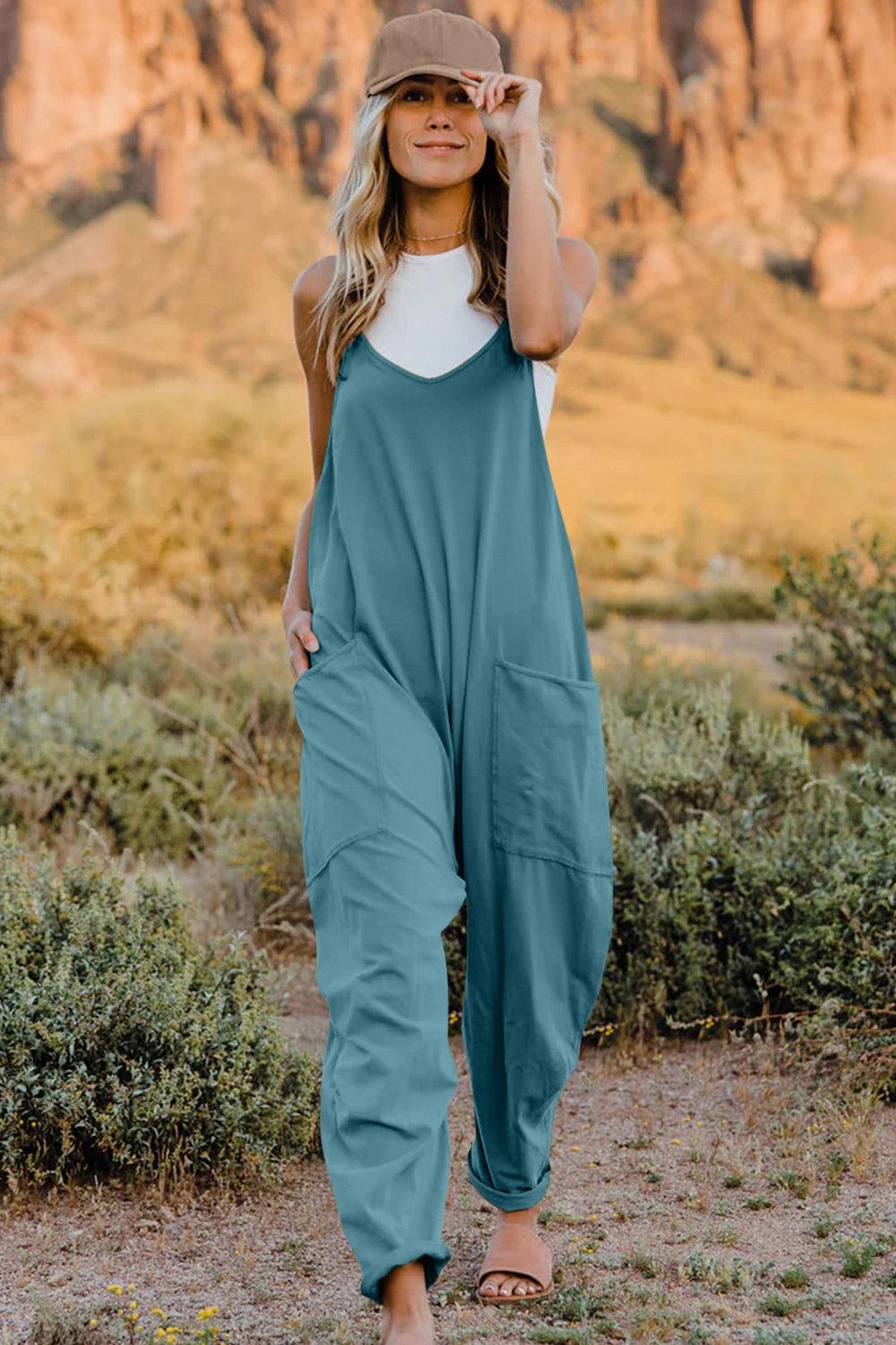Double Take Full Size V-Neck Sleeveless Jumpsuit with Pockets - Brittney MADE