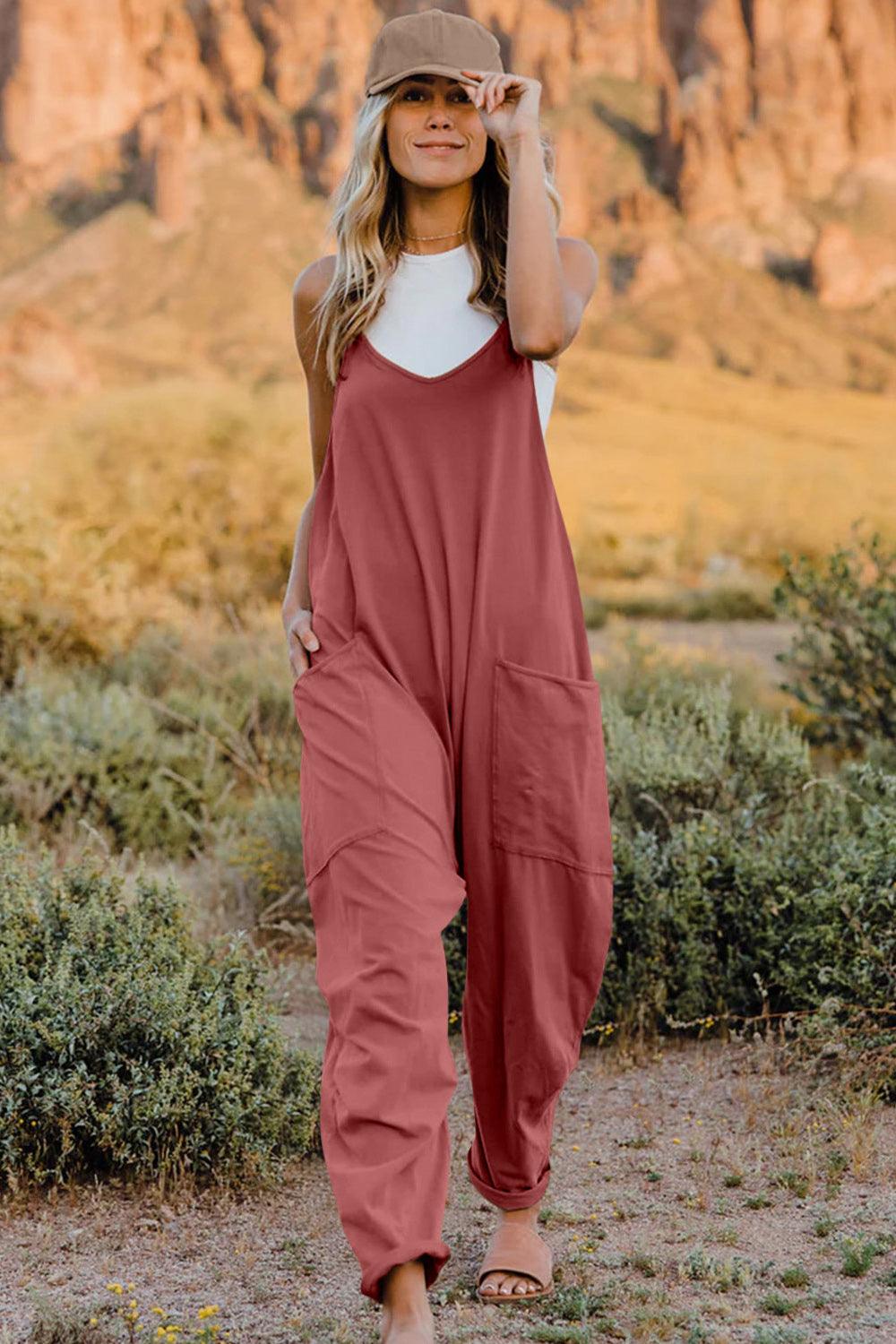 Double Take Full Size V-Neck Sleeveless Jumpsuit with Pockets - Brittney MADE
