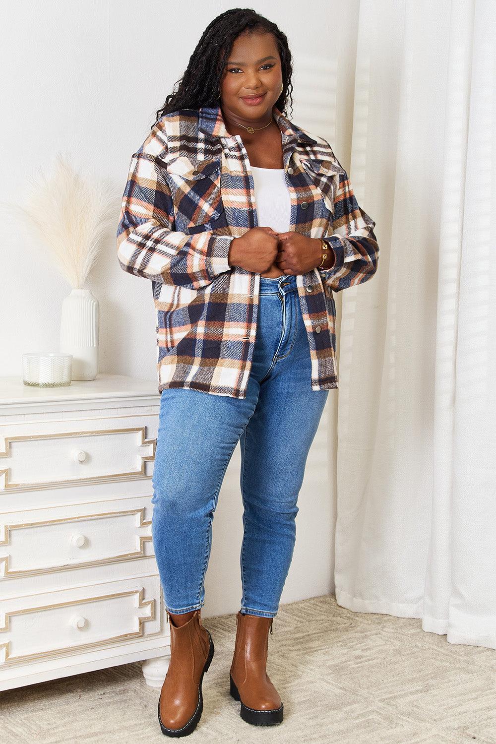Double Take Plaid Button Front Shirt Jacket with Breast Pockets - Brittney MADE