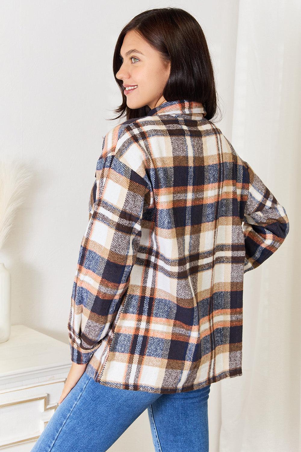 Double Take Plaid Button Front Shirt Jacket with Breast Pockets - Brittney MADE