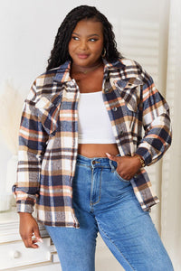 Double Take Plaid Button Front Shirt Jacket with Breast Pockets - Brittney MADE