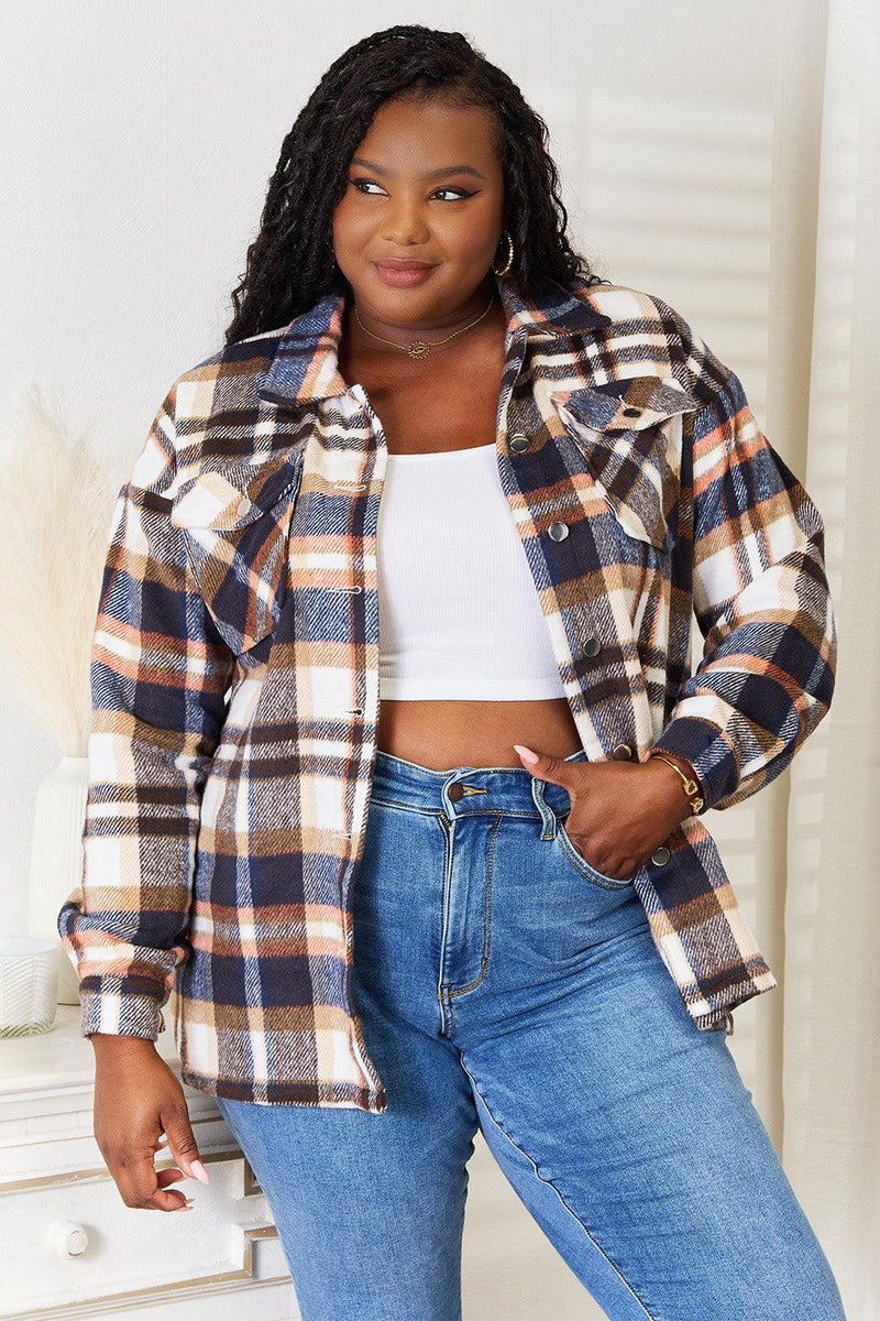 Double Take Plaid Button Front Shirt Jacket with Breast Pockets - Brittney MADE