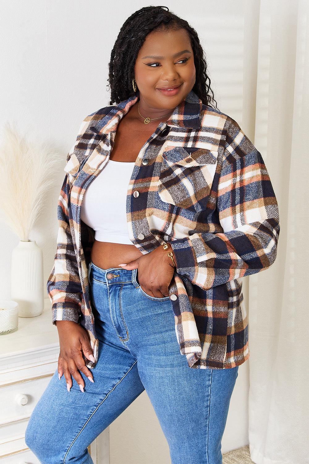Double Take Plaid Button Front Shirt Jacket with Breast Pockets - Brittney MADE