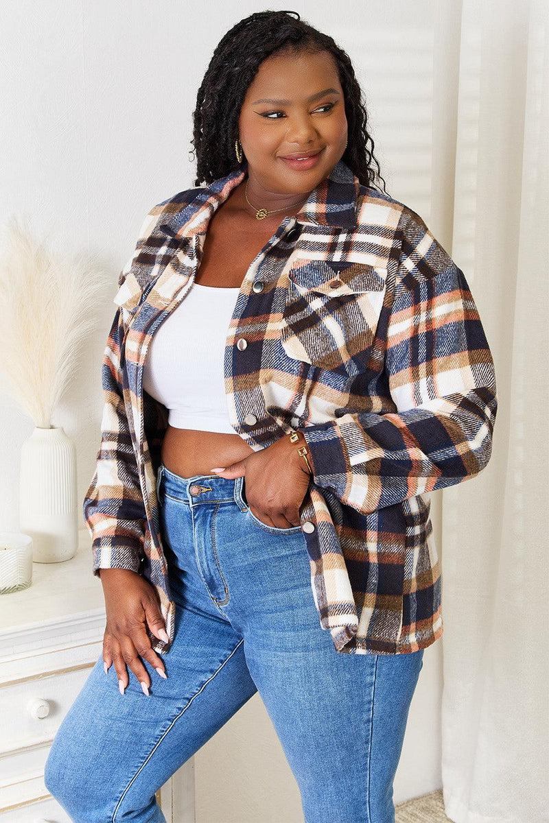 Double Take Plaid Button Front Shirt Jacket with Breast Pockets - Brittney MADE