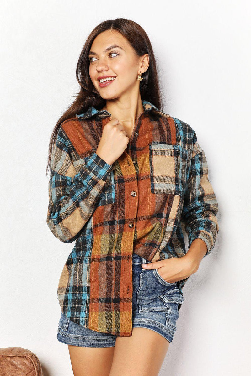 Double Take Plaid Curved Hem Shirt Jacket with Breast Pockets - Brittney MADE