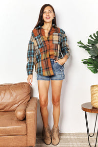 Double Take Plaid Curved Hem Shirt Jacket with Breast Pockets - Brittney MADE