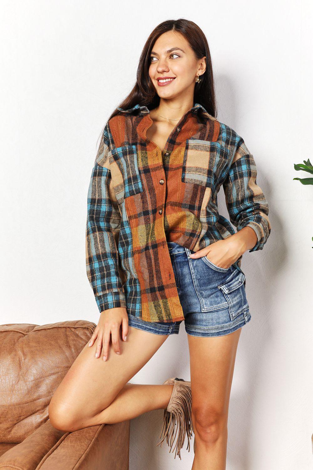 Double Take Plaid Curved Hem Shirt Jacket with Breast Pockets - Brittney MADE