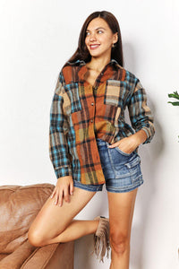 Double Take Plaid Curved Hem Shirt Jacket with Breast Pockets - Brittney MADE