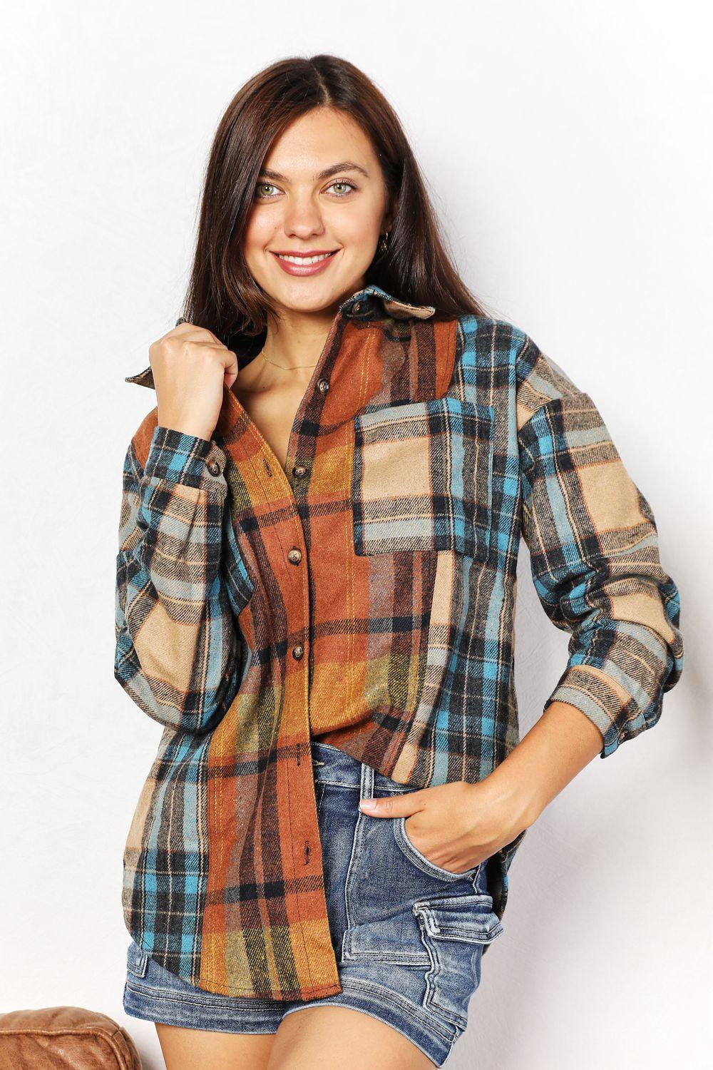 Double Take Plaid Curved Hem Shirt Jacket with Breast Pockets - Brittney MADE
