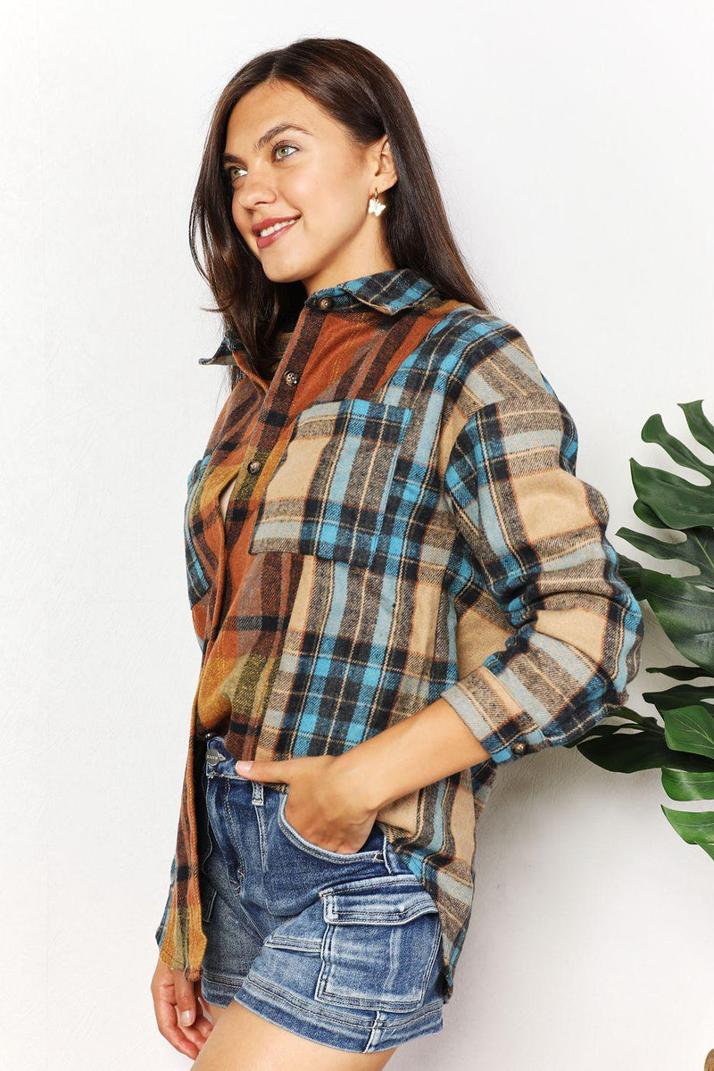 Double Take Plaid Curved Hem Shirt Jacket with Breast Pockets - Brittney MADE