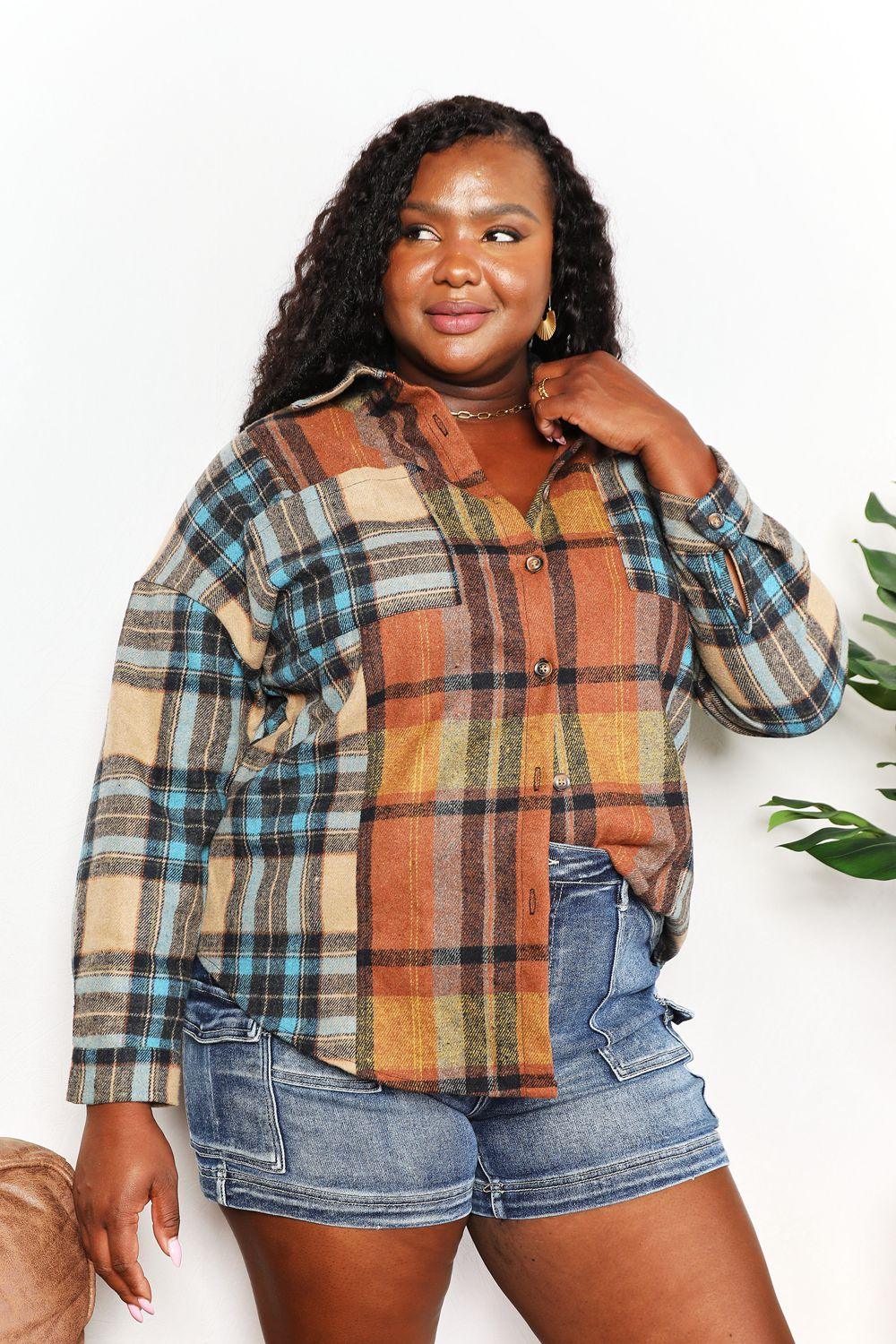 Double Take Plaid Curved Hem Shirt Jacket with Breast Pockets - Brittney MADE
