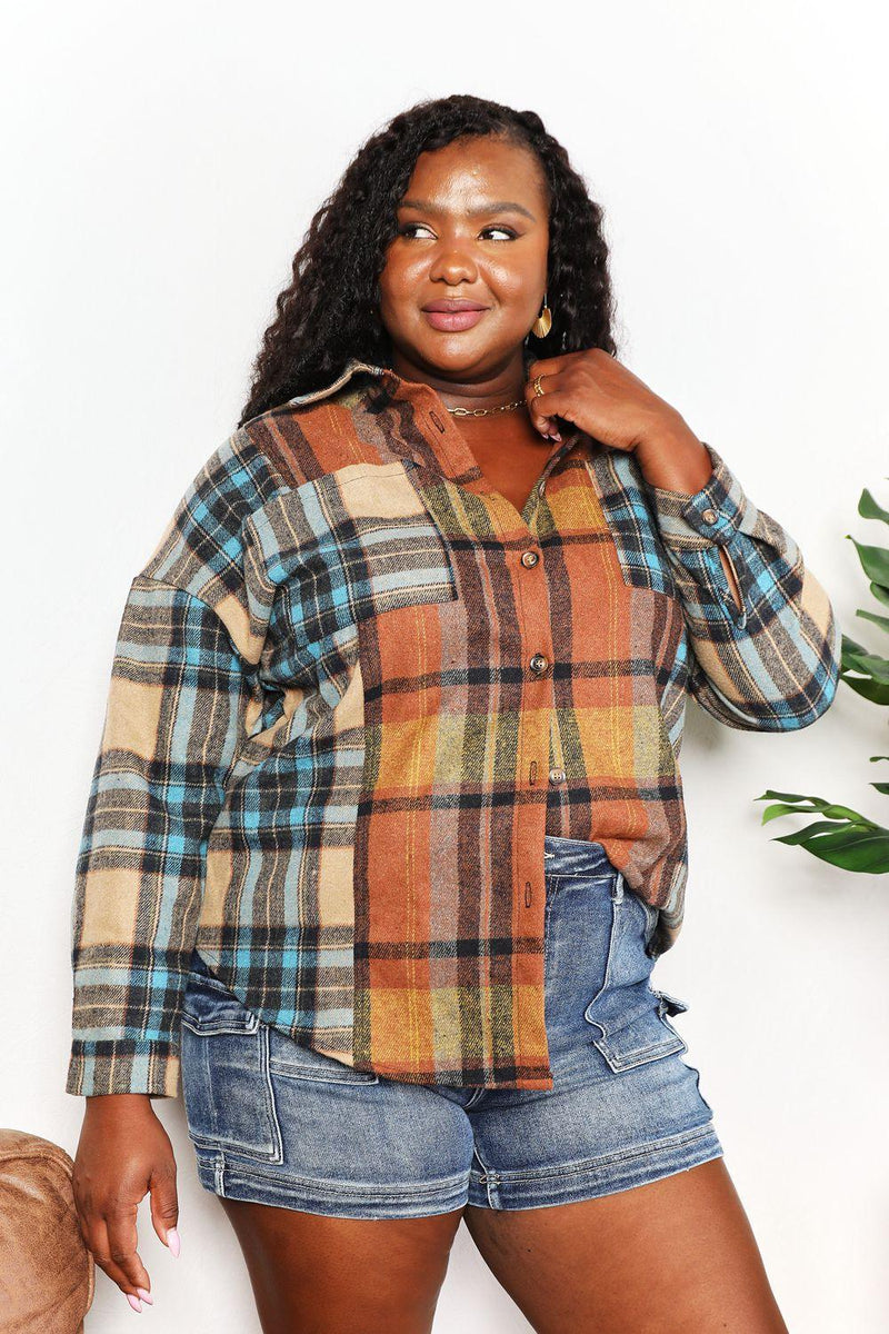 Double Take Plaid Curved Hem Shirt Jacket with Breast Pockets - Brittney MADE