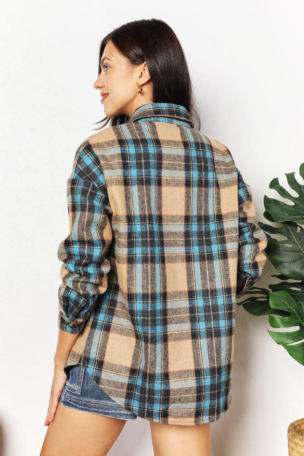 Double Take Plaid Curved Hem Shirt Jacket with Breast Pockets - Brittney MADE