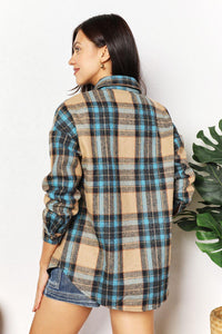 Double Take Plaid Curved Hem Shirt Jacket with Breast Pockets - Brittney MADE