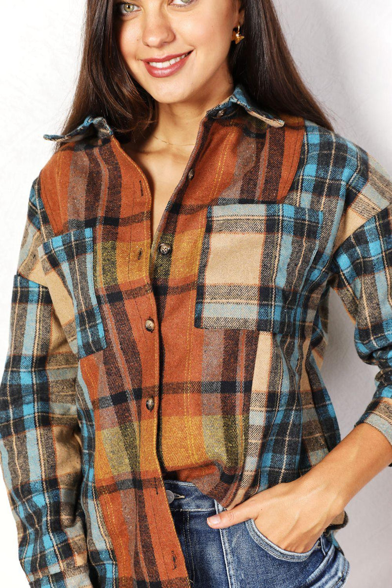 Double Take Plaid Curved Hem Shirt Jacket with Breast Pockets - Brittney MADE