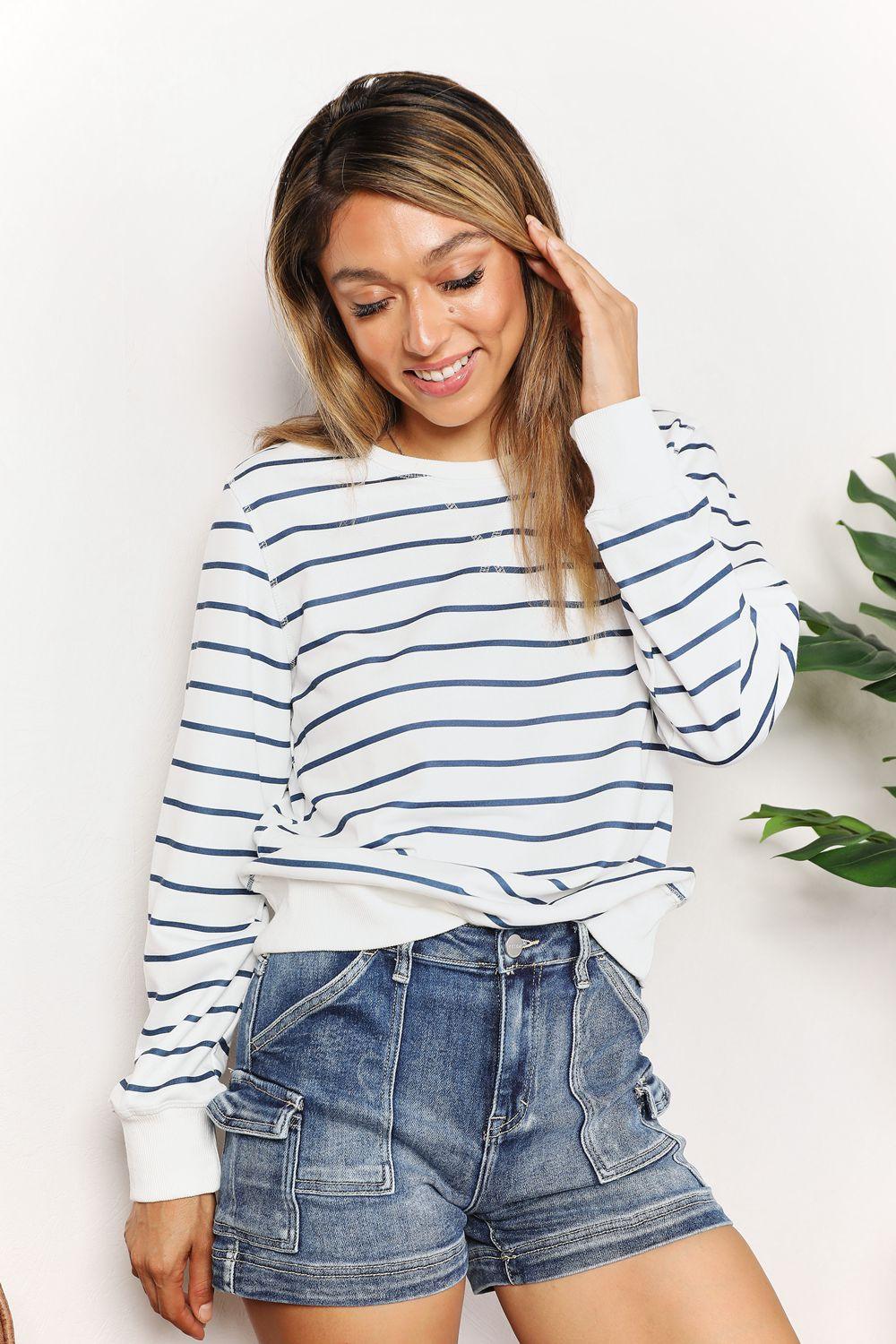 Double Take Striped Long Sleeve Round Neck Top - Brittney MADE