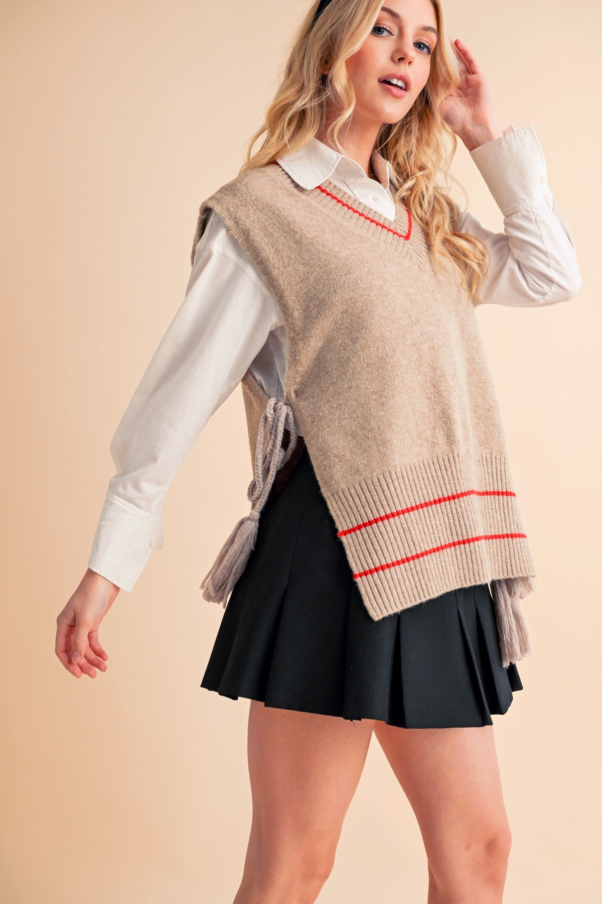 Aemi + Co Ribbed V-Neck Sweater Vest with Tassel - Brittney MADE