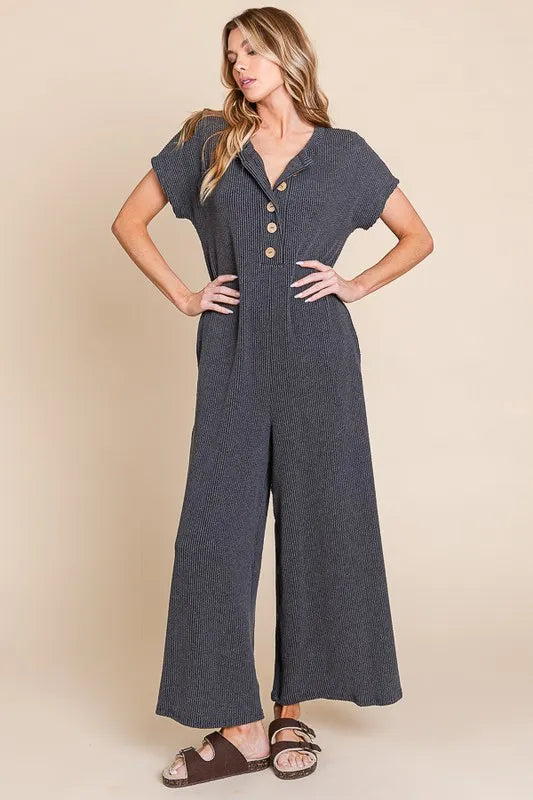 BOMBOM Rib Knit Jumpsuit with Button Detail - Brittney MADE