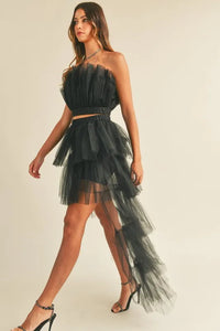 MABLE Tulle Tube Ruffle Crop Top and High Low Maxi Skirt Set - Brittney MADE