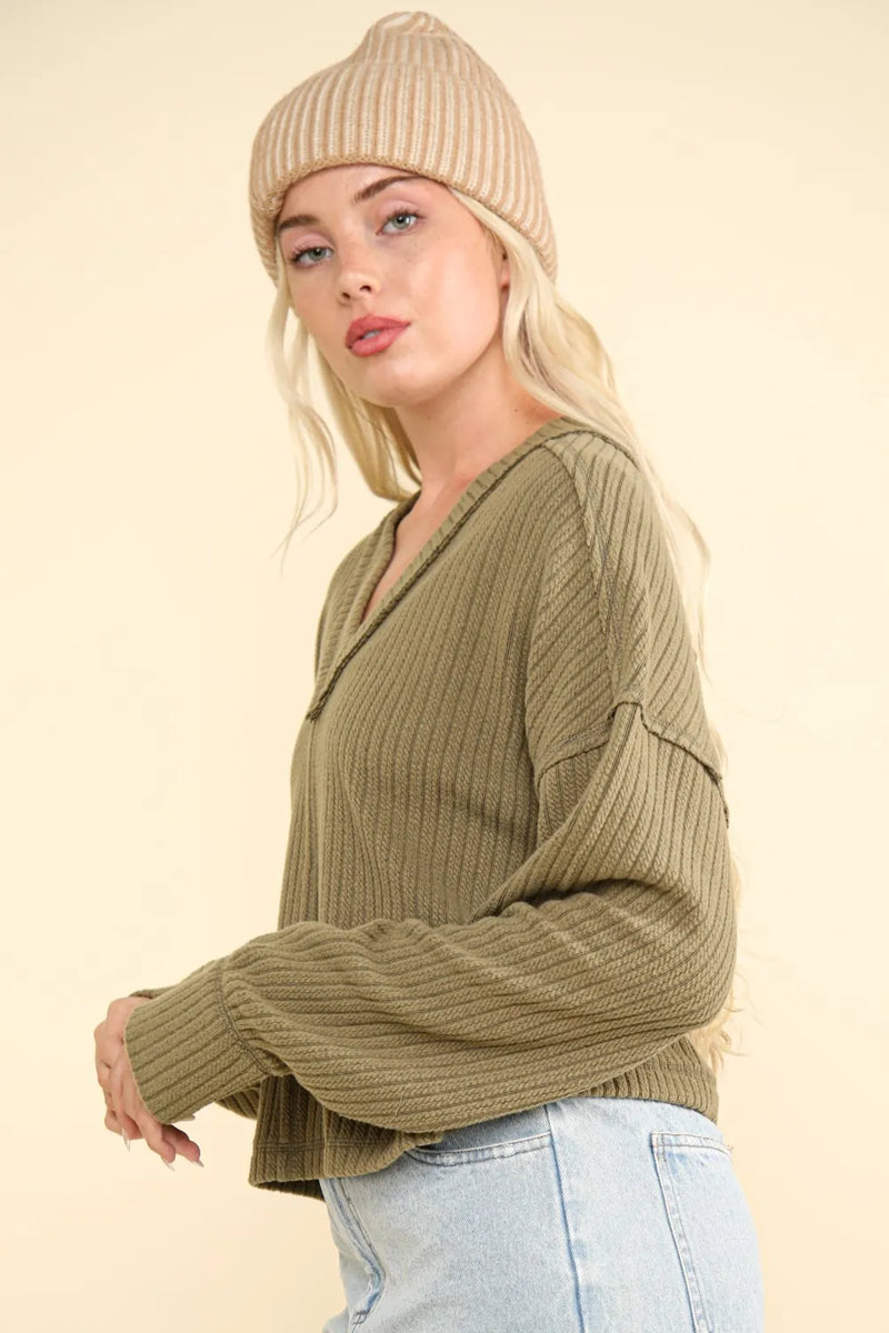 VERY J Exposed Seam V-Neck Ribbed Knit Top - Brittney MADE