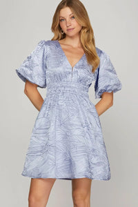 She + Sky Crinkle Woven V-Neck Balloon Sleeve Mini Dress - Brittney MADE