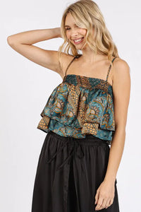 Mittoshop Paisley Patchwork Print Satin Ruffle Crop Cami - Brittney MADE