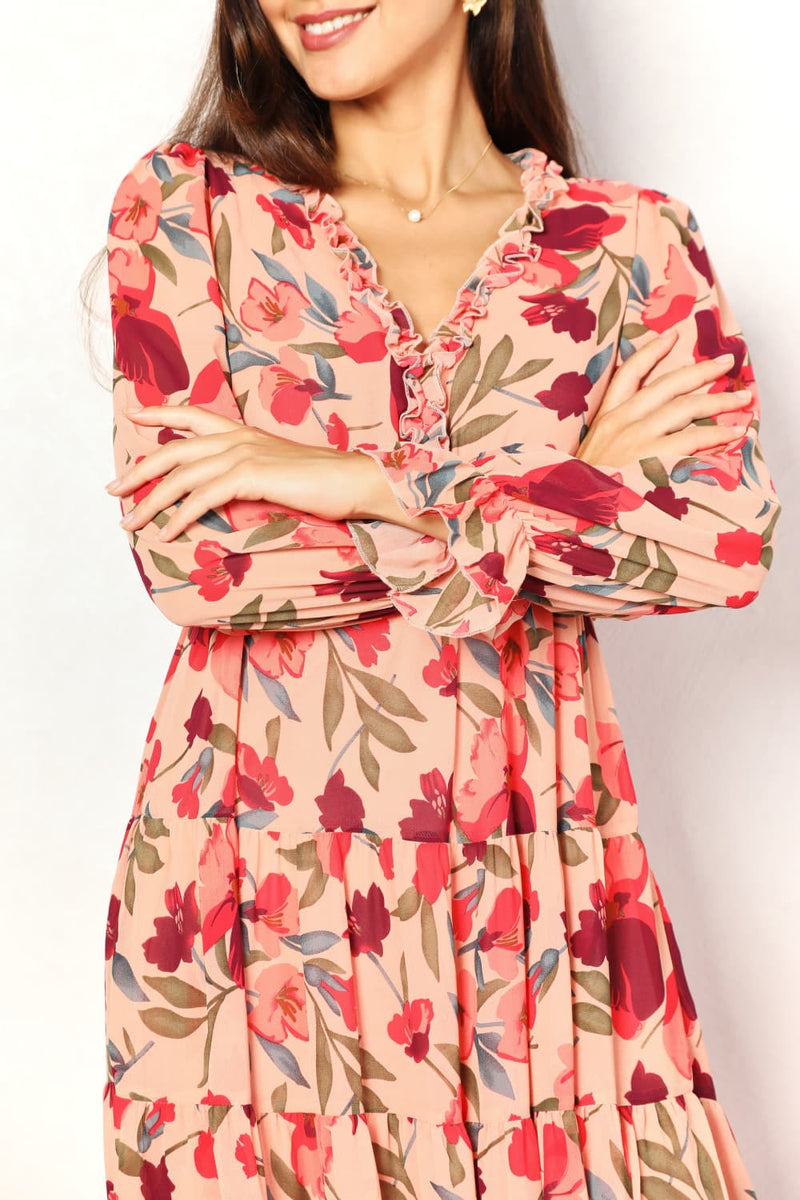Double Take Floral Frill Trim Flounce Sleeve Plunge Maxi Dress - Brittney MADE