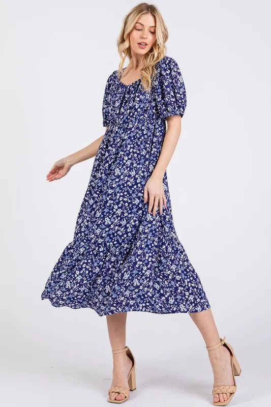 Ces Femme Floral Square Neck Puff Sleeve Midi Dress - Brittney MADE