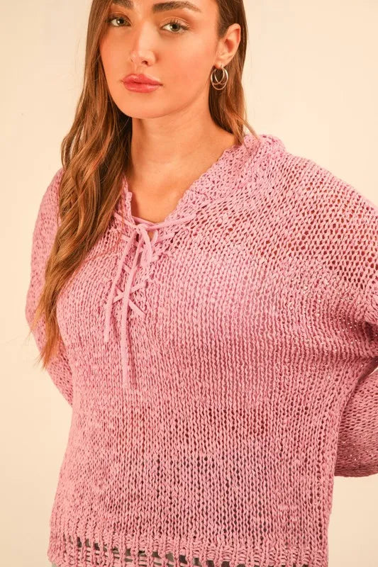 VERY J Oversized Openwork Lace Up Hooded Sweater - Brittney MADE