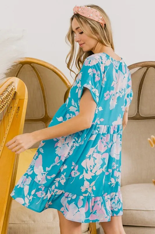 BiBi Floral Crinkle Shirred Ruffle Detail V Neck Dress - Brittney MADE