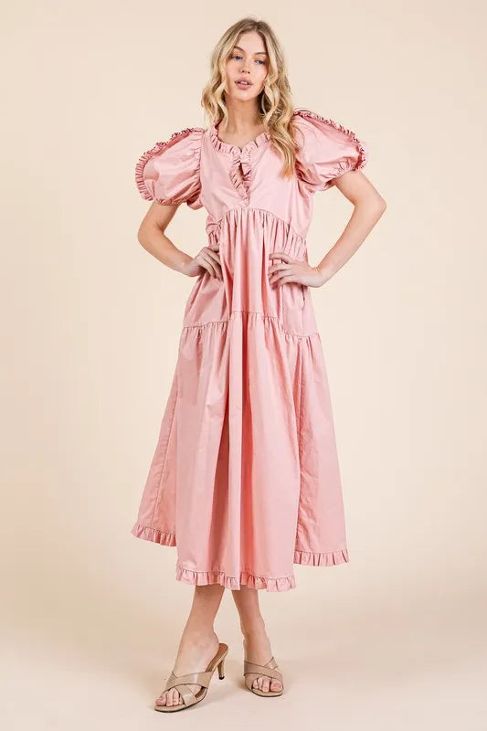 GeeGee Ruffle Trim Puff Sleeve Tiered Babydoll Midi Dress - Brittney MADE
